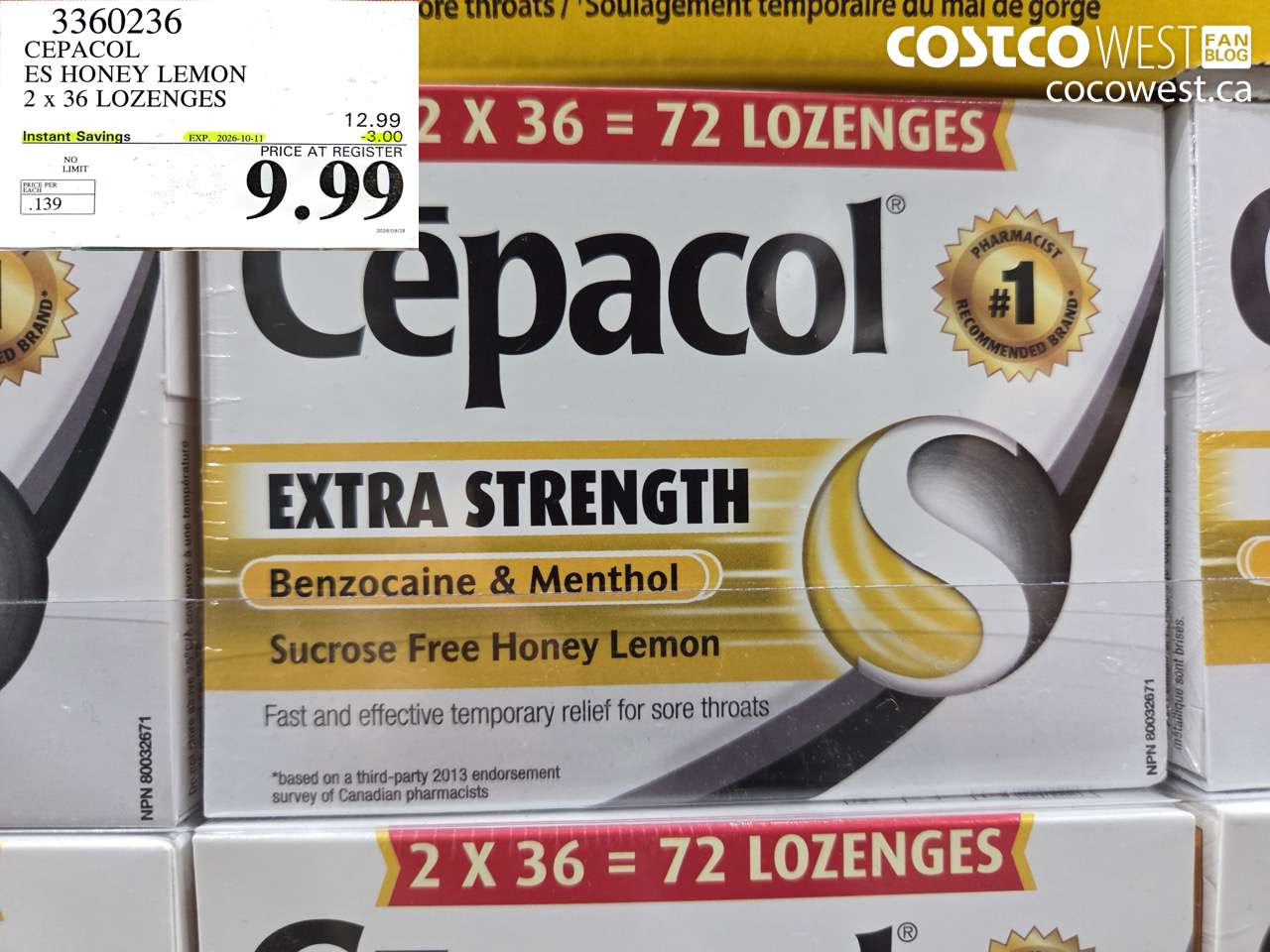 3360236 CEPACOL ES HONEY LEMON 2 X 36 LOZENGES ($3.00 INSTANT SAVINGS EXPIRES ON 2026-10-11) $9.99