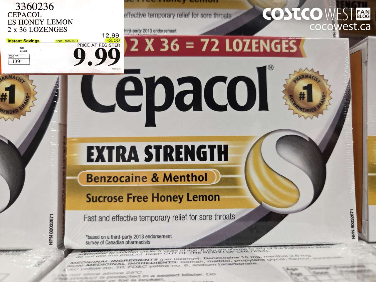 3360236 CEPACOL ES HONEY LEMON 2 X 36 LOZENGES ($3.00 INSTANT SAVINGS EXPIRES ON 2026-10-11) $9.99