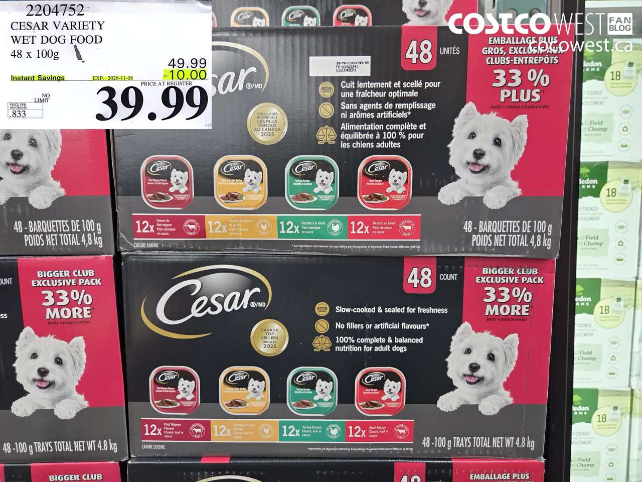 2204752 CESAR VARIETY WET DOG FOOD 48 X 100G ($10.00 INSTANT SAVINGS EXPIRES ON 2026-11-08) $39.99
