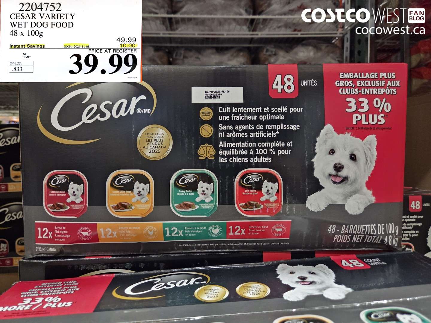 2204752 CESAR VARIETY WET DOG FOOD 48 X 100G ($10.00 INSTANT SAVINGS EXPIRES ON 2026-11-08) $39.99