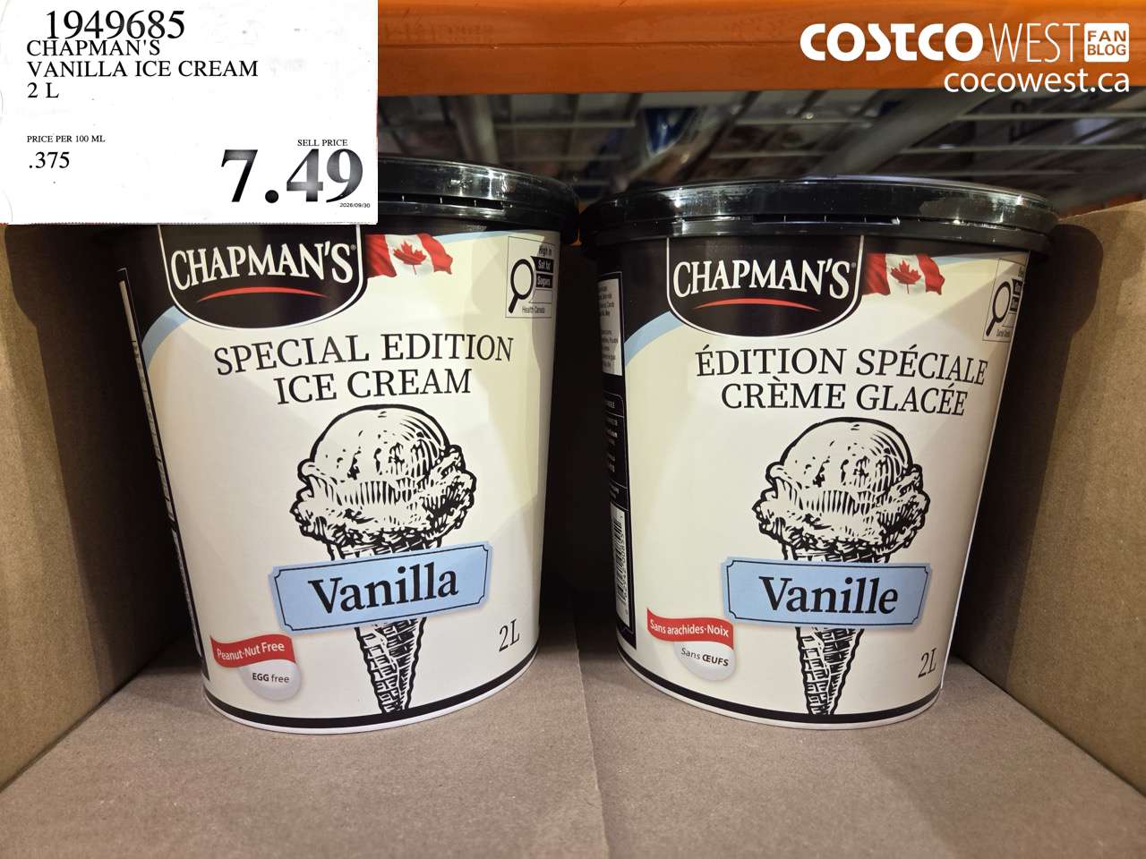 1949685 CHAPMAN'S VANILLA ICE CREAM 2 L $7.49