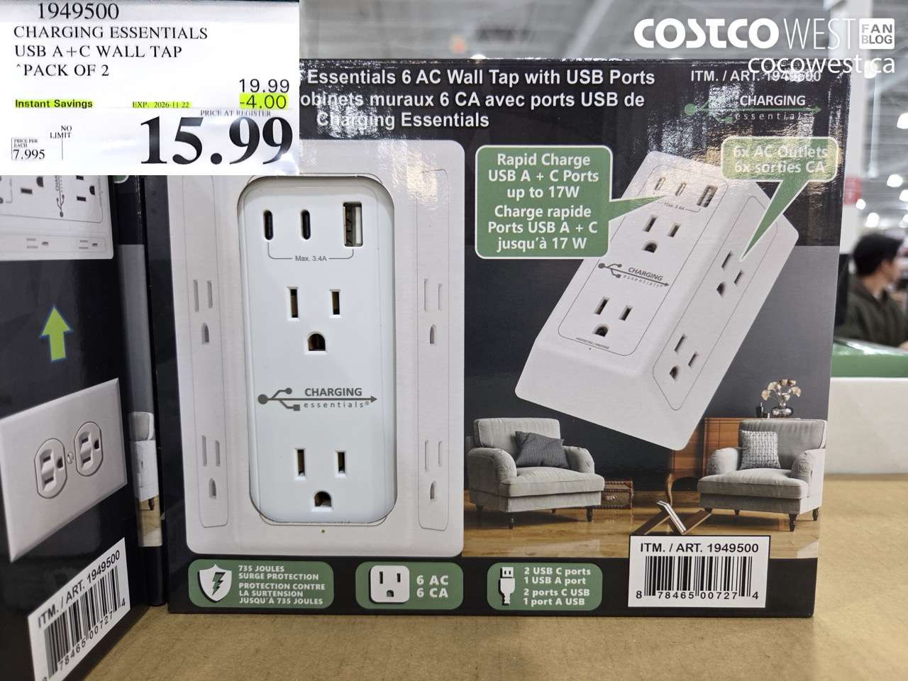 1949500 CHARGING ESSENTIALS USB A + C WALL TAP PACK OF 2 ($4.00 INSTANT SAVINGS EXPIRES ON 2026-11-22) $15.99