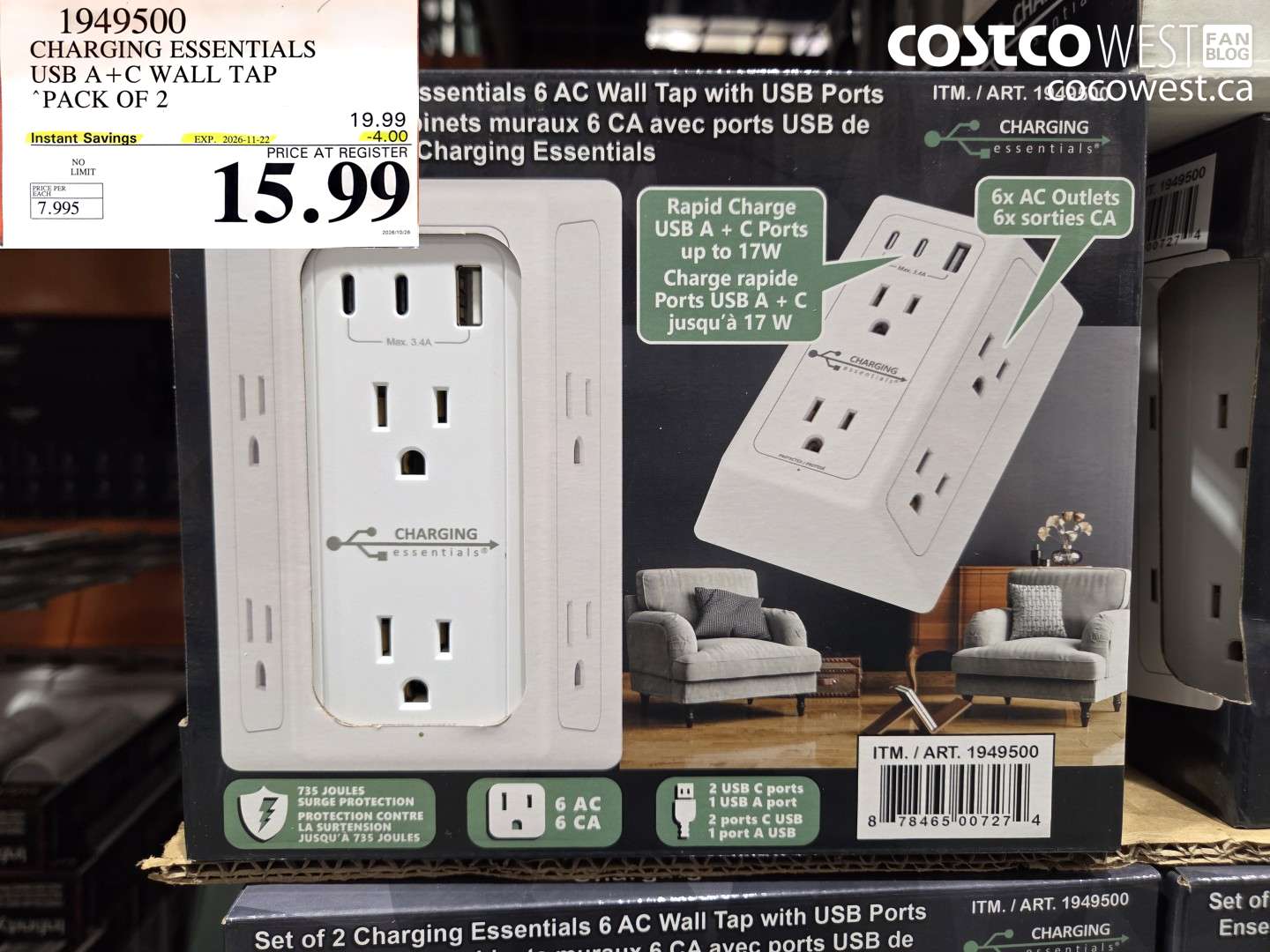 1949500 CHARGING ESSENTIALS USB A + C WALL TAP PACK OF 2 ($4.00 INSTANT SAVINGS EXPIRES ON 2026-11-22) $15.99