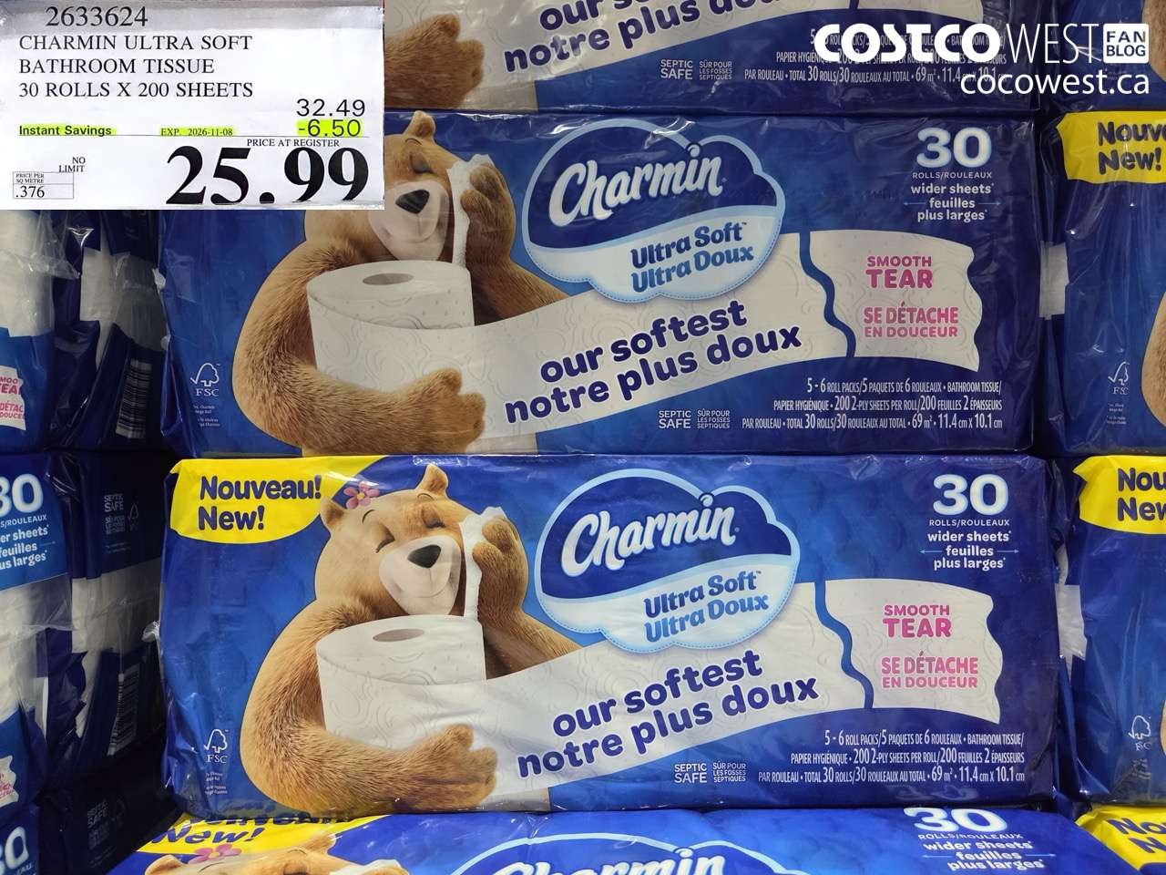 2633624 CHARMIN ULTRA SOFT BATHROOM TISSUE 30 ROLLS X 200 SHEETS ($6.50 INSTANT SAVINGS EXPIRES ON 2026-11-08) $25.99