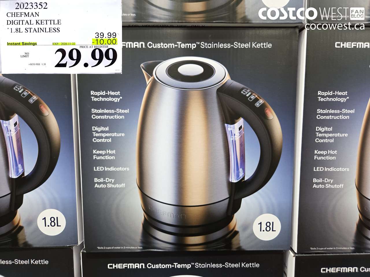 2023352 CHEFMAN DIGITAL KETTLE 1.8L STAINLESS ($10.00 INSTANT SAVINGS EXPIRES ON 2026-11-22) $29.99