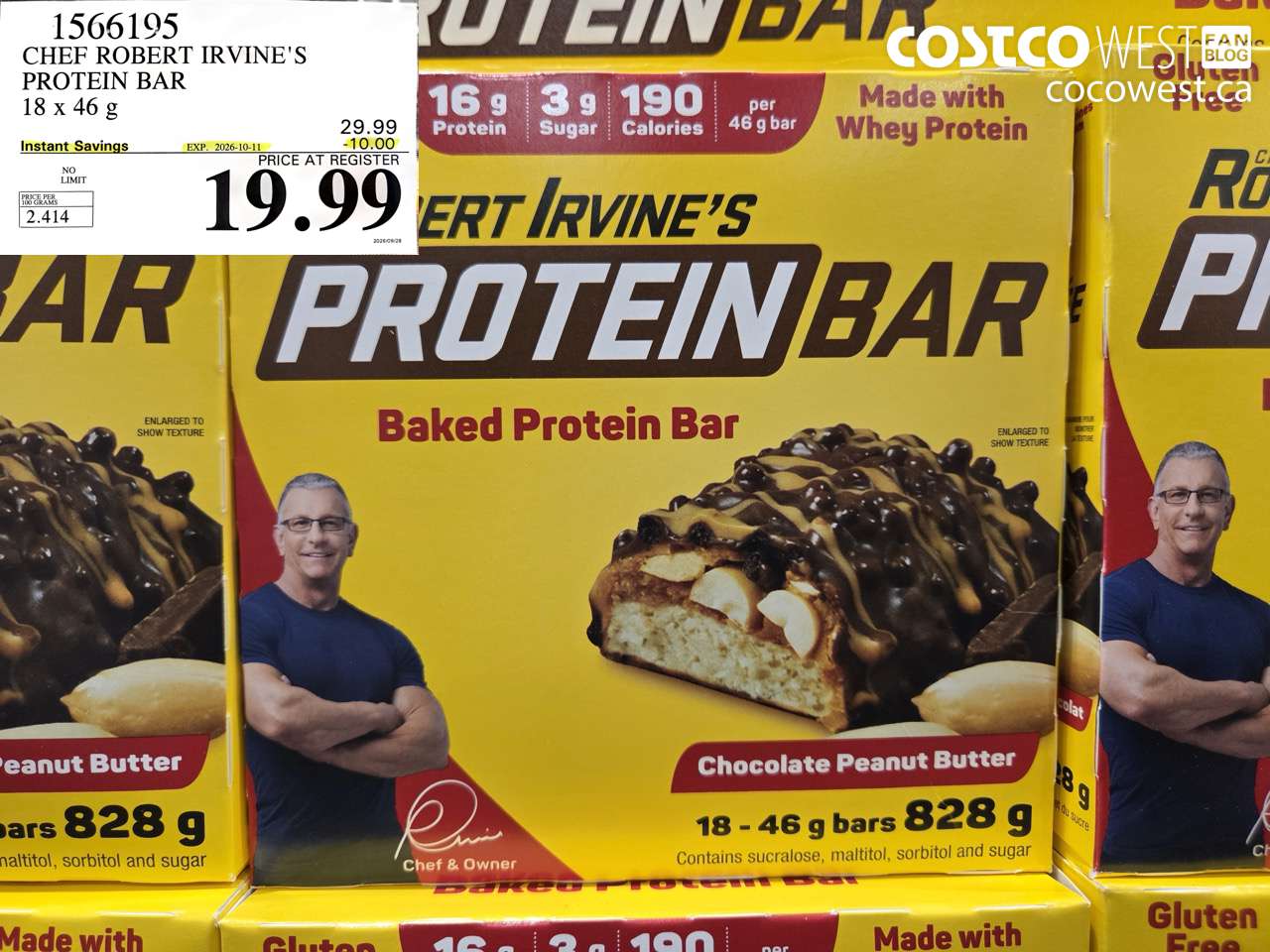 1566195 CHEF ROBERT IRVINE'S PROTEIN BAR 18 X 46 G ($10.00 INSTANT SAVINGS EXPIRES ON 2026-10-11) $19.99