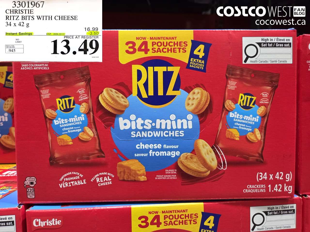 3301967 CHRISTIE RITZ BITS WITH CHEESE 34 X 42 G ($3.50 INSTANT SAVINGS EXPIRES ON 2026-10-11) $13.49