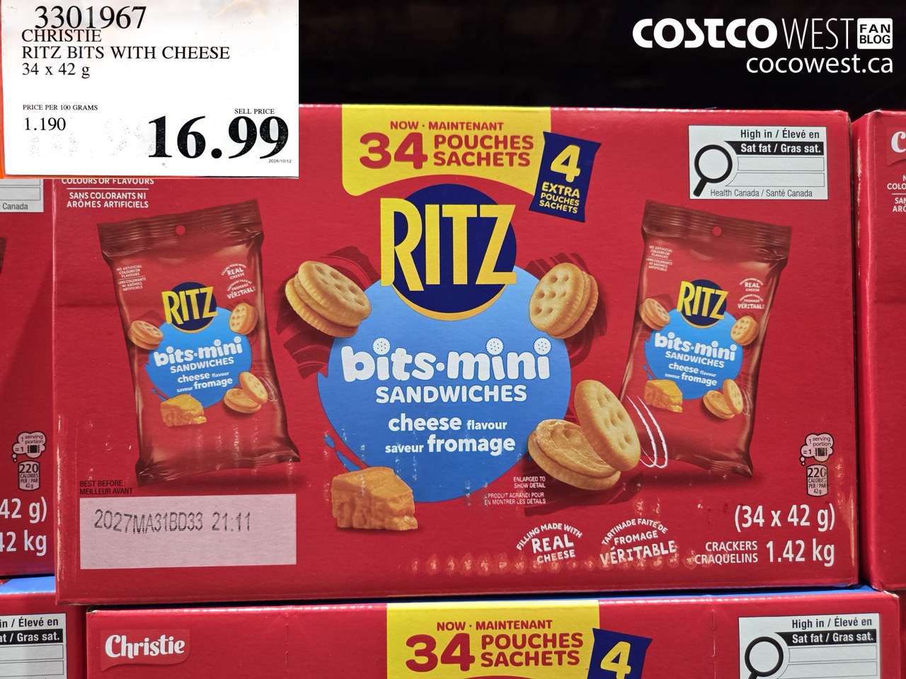 3301967 CHRISTIE RITZ BITS WITH CHEESE 34 X 42 G $16.99