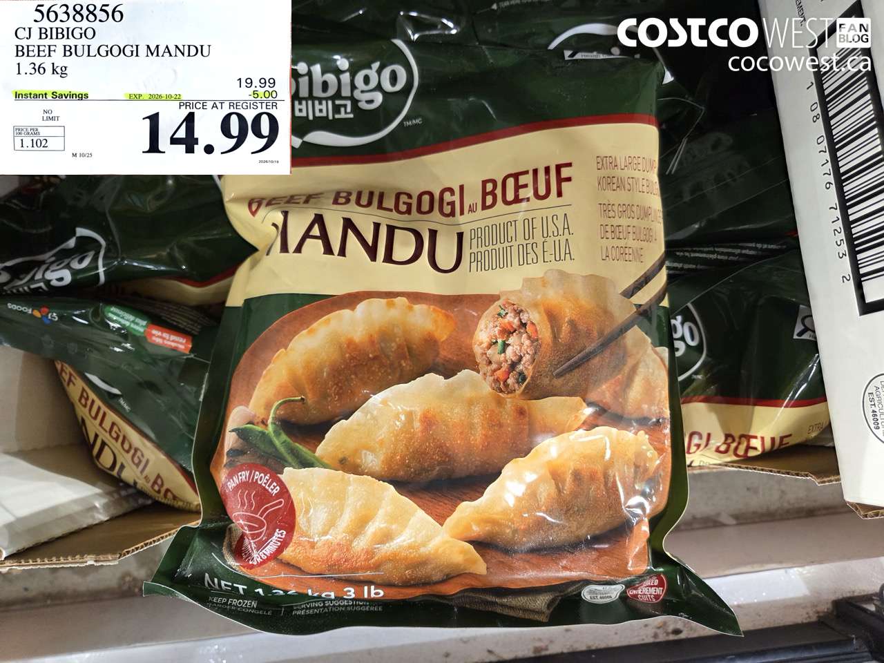 5638856 CJ BIBIGO BEEF BULGOGI MANDU 1.36 KG ($5.00 INSTANT SAVINGS EXPIRES ON 2026-10-22) $14.99
