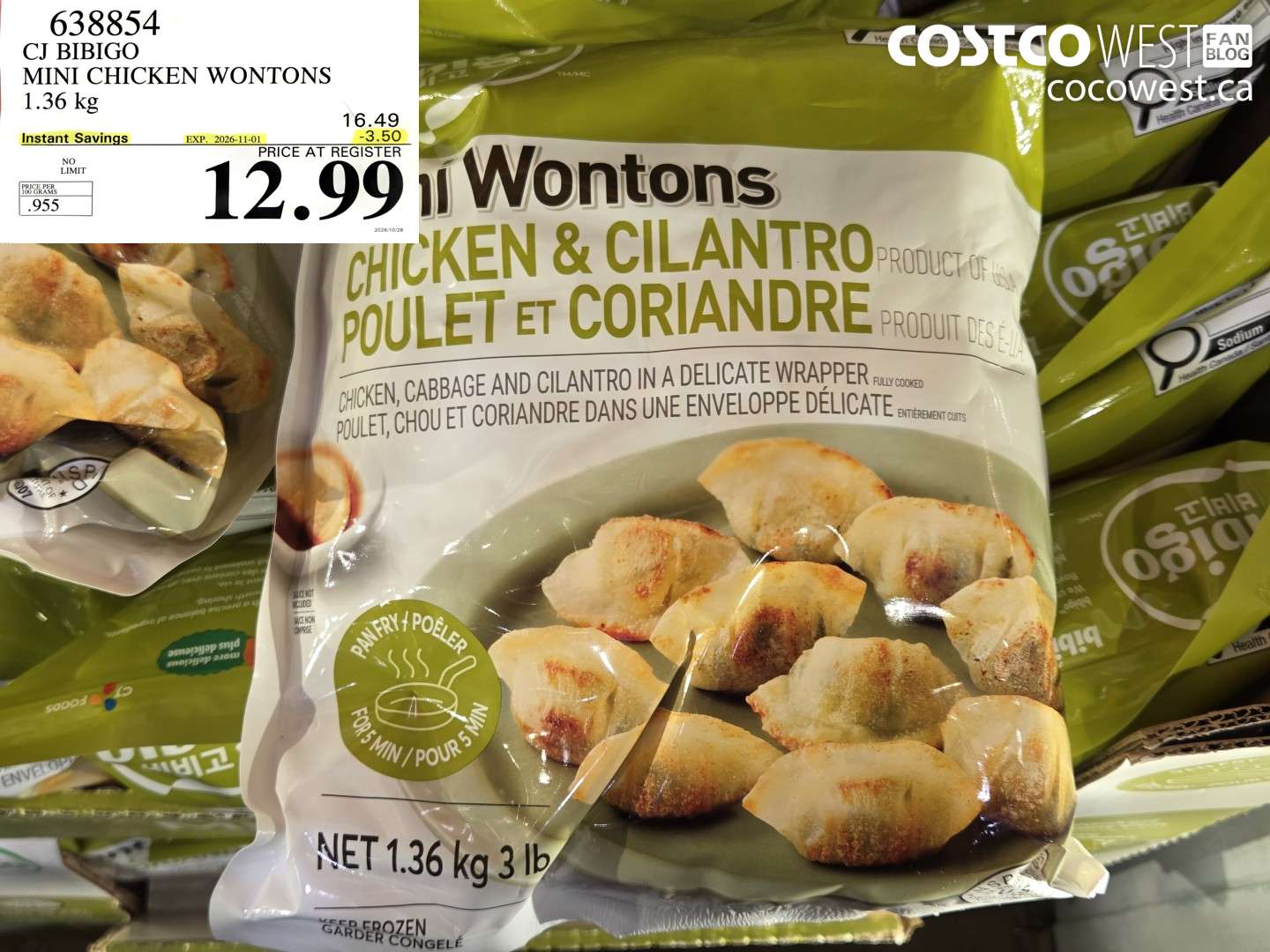 638854 CJ BIBIGO MINI CHICKEN WONTONS 1.36 KG ($3.50 INSTANT SAVINGS EXPIRES ON 2026-11-01) $12.99