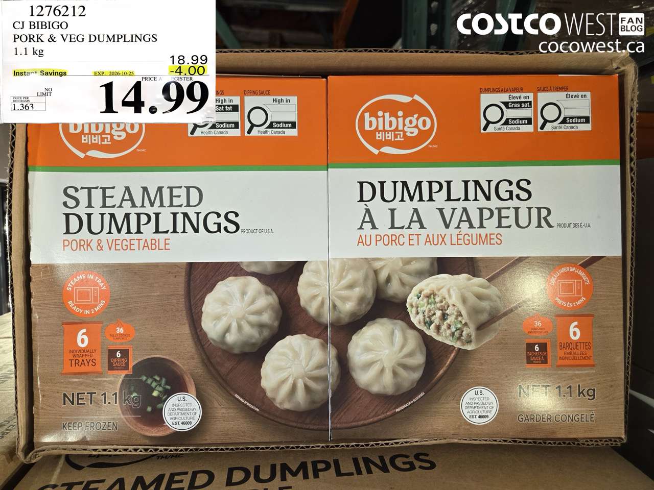 1276212 CJ BIBIGO PORK & VEG DUMPLINGS 1.1 KG ($4.00 INSTANT SAVINGS EXPIRES ON 2026-10-25) $14.99