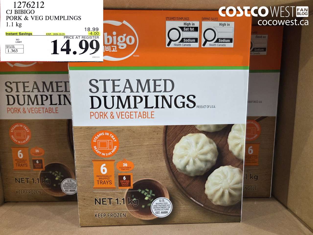 1276212 CJ BIBIGO PORK & VEG DUMPLINGS 1.1 KG ($4.00 INSTANT SAVINGS EXPIRES ON 2026-10-25) $14.99