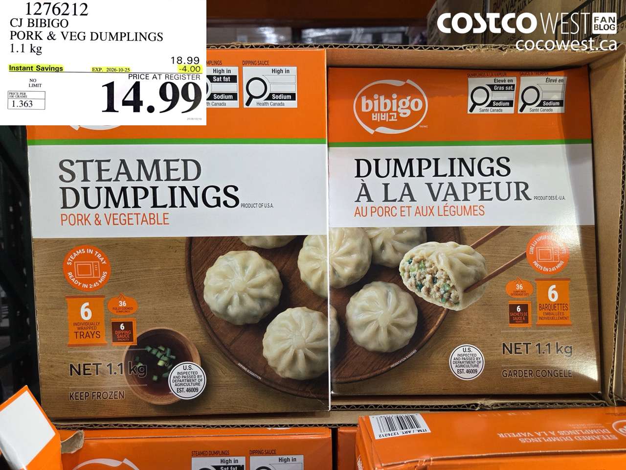 1276212 CJ BIBIGO PORK & VEG DUMPLINGS 1.1 KG ($4.00 INSTANT SAVINGS EXPIRES ON 2026-10-25) $14.99