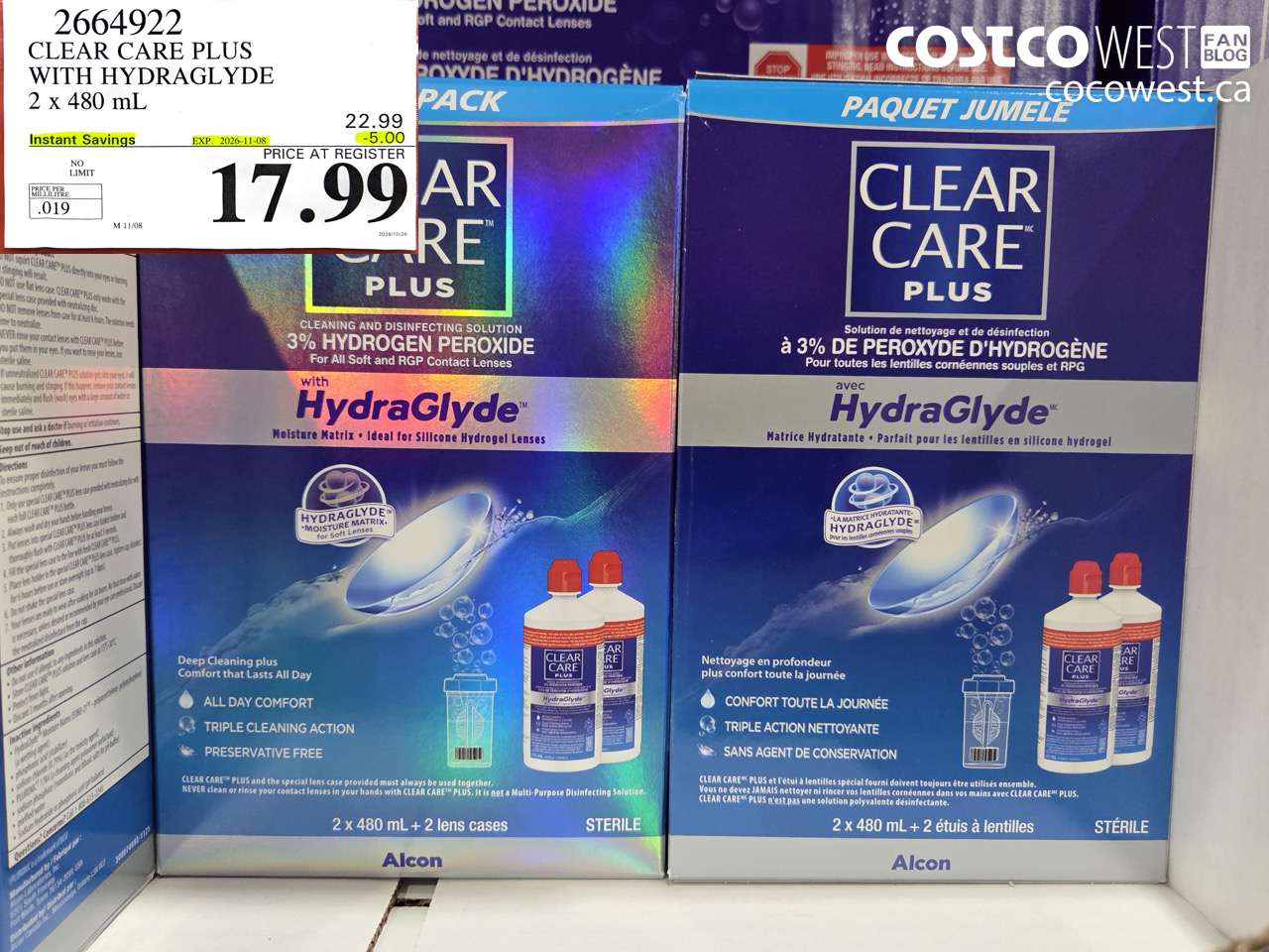 2664922 CLEAR CARE PLUS WITH HYDRAGLYDE 2 X 480 ML ($5.00 INSTANT SAVINGS EXPIRES ON 2026-11-08) $17.99
