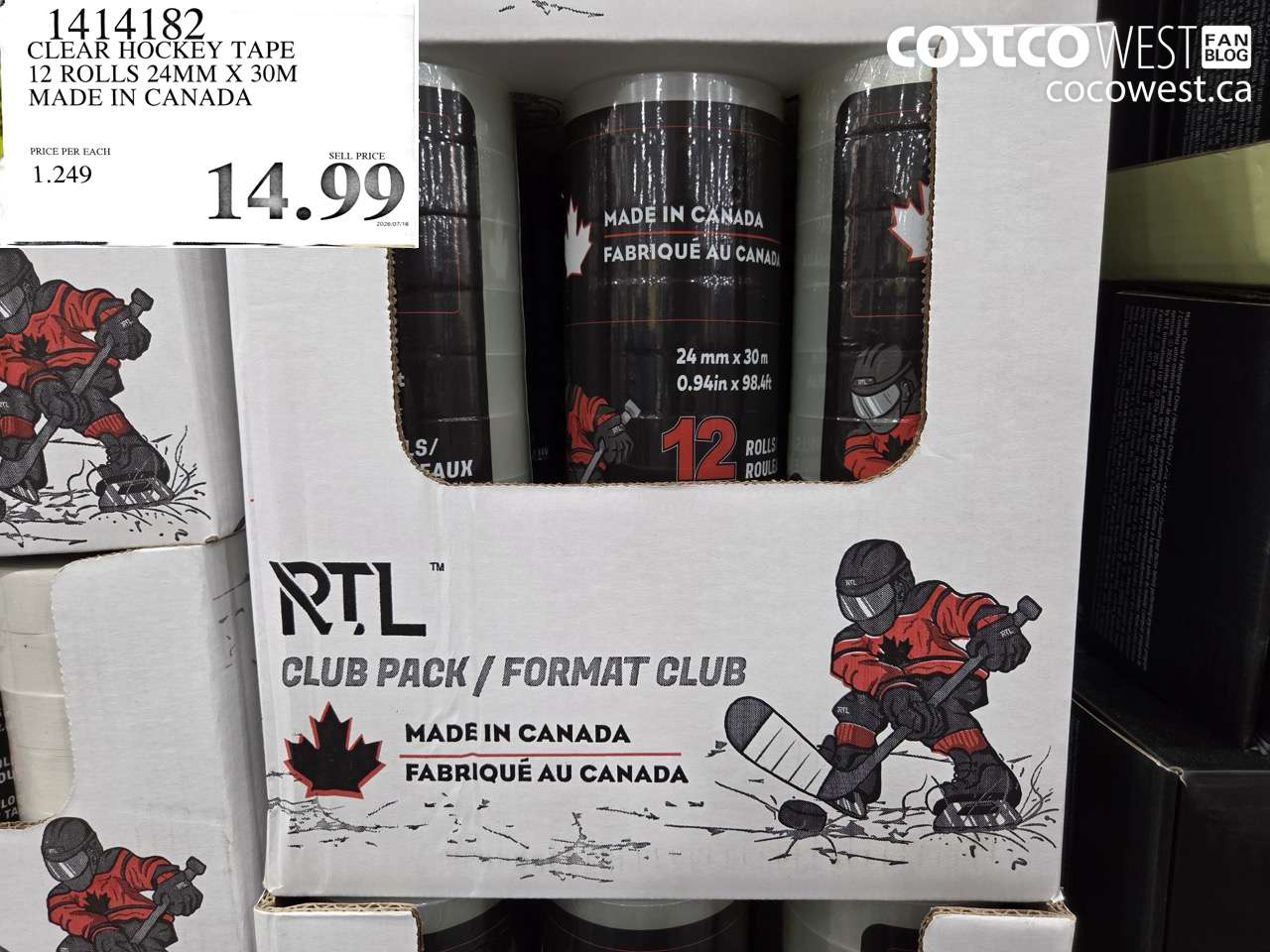 1414182 CLEAR HOCKEY TAPE 12 ROLLS 24MM X 30M MADE IN CANADA $14.99