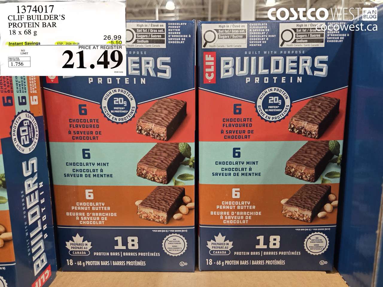 1374017 CLIF BUILDER'S PROTEIN BAR 18 X 68 G ($5.50 INSTANT SAVINGS EXPIRES ON 2026-10-14) $21.49