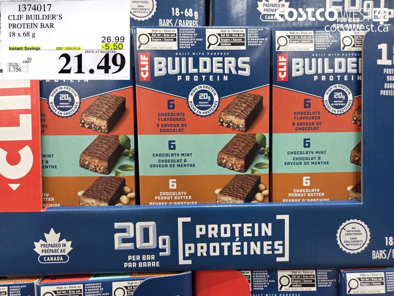 1374017 CLIF BUILDER'S PROTEIN BAR 18 X 68 G ($5.50 INSTANT SAVINGS EXPIRES ON 2026-10-14) $21.49