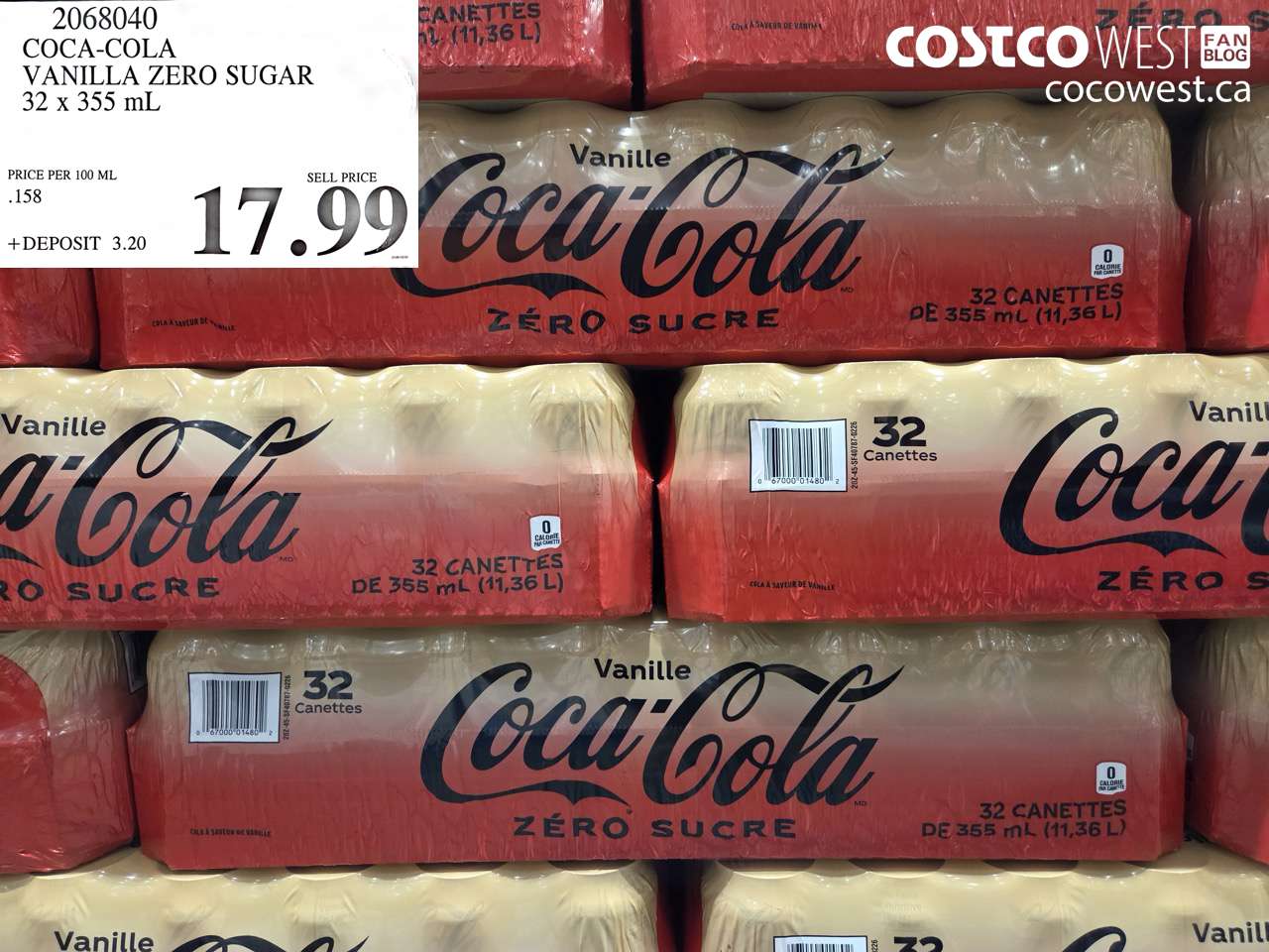 2068040 COCA-COLA VANILLA ZERO SUGAR 32 X 355 ML $17.99
