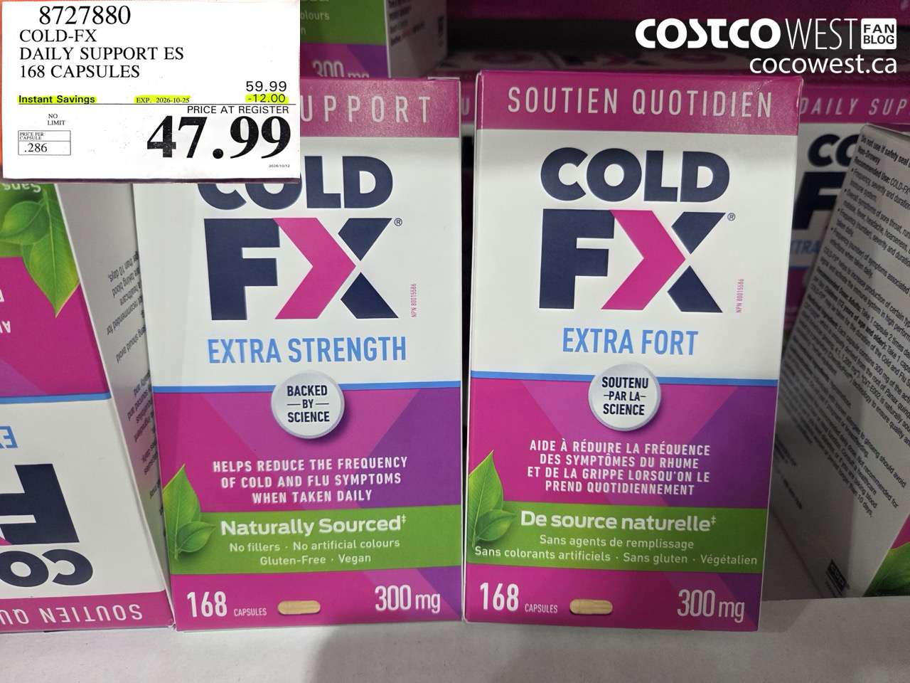 8727880 COLD-FX DAILY SUPPORT ES 168 CAPSULES ($12.00 INSTANT SAVINGS EXPIRES ON 2026-10-25) $47.99