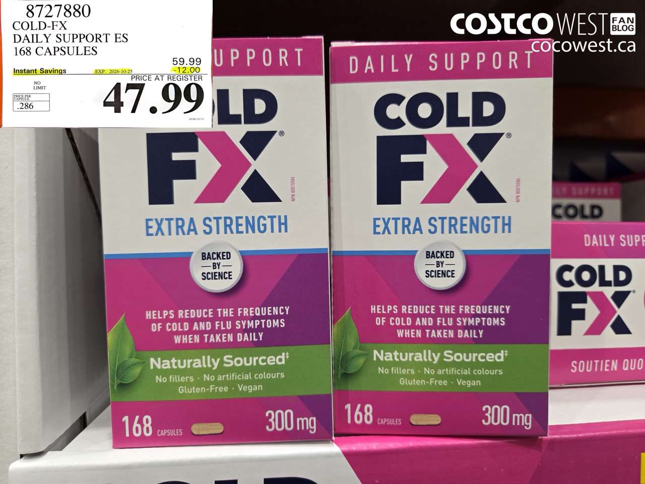 8727880 COLD-FX DAILY SUPPORT ES 168 CAPSULES ($12.00 INSTANT SAVINGS EXPIRES ON 2026-10-25) $47.99
