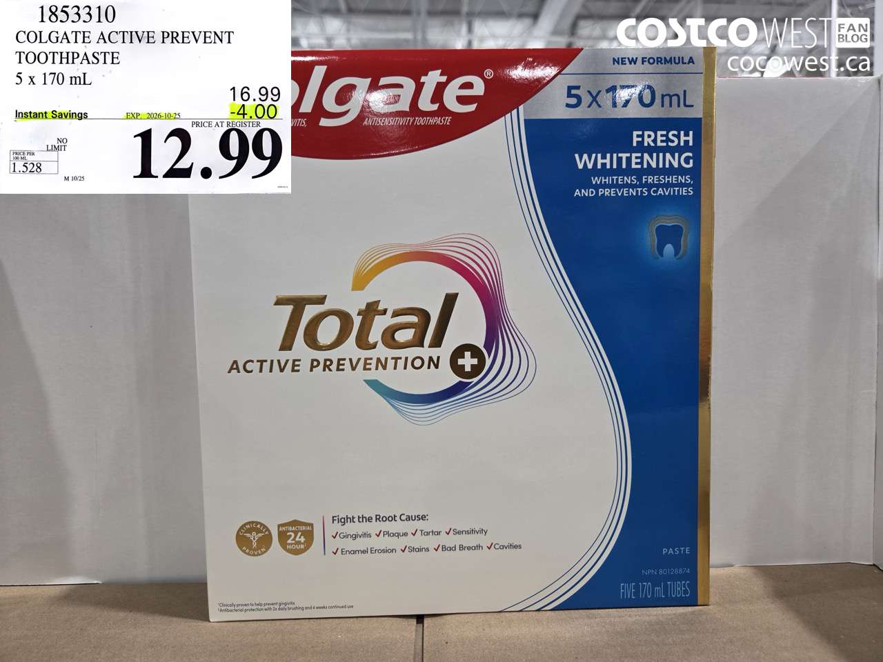 1853310 COLGATE ACTIVE PREVENT TOOTHPASTE 5 X 170 ML ($4.00 INSTANT SAVINGS EXPIRES ON 2026-10-25) $12.99