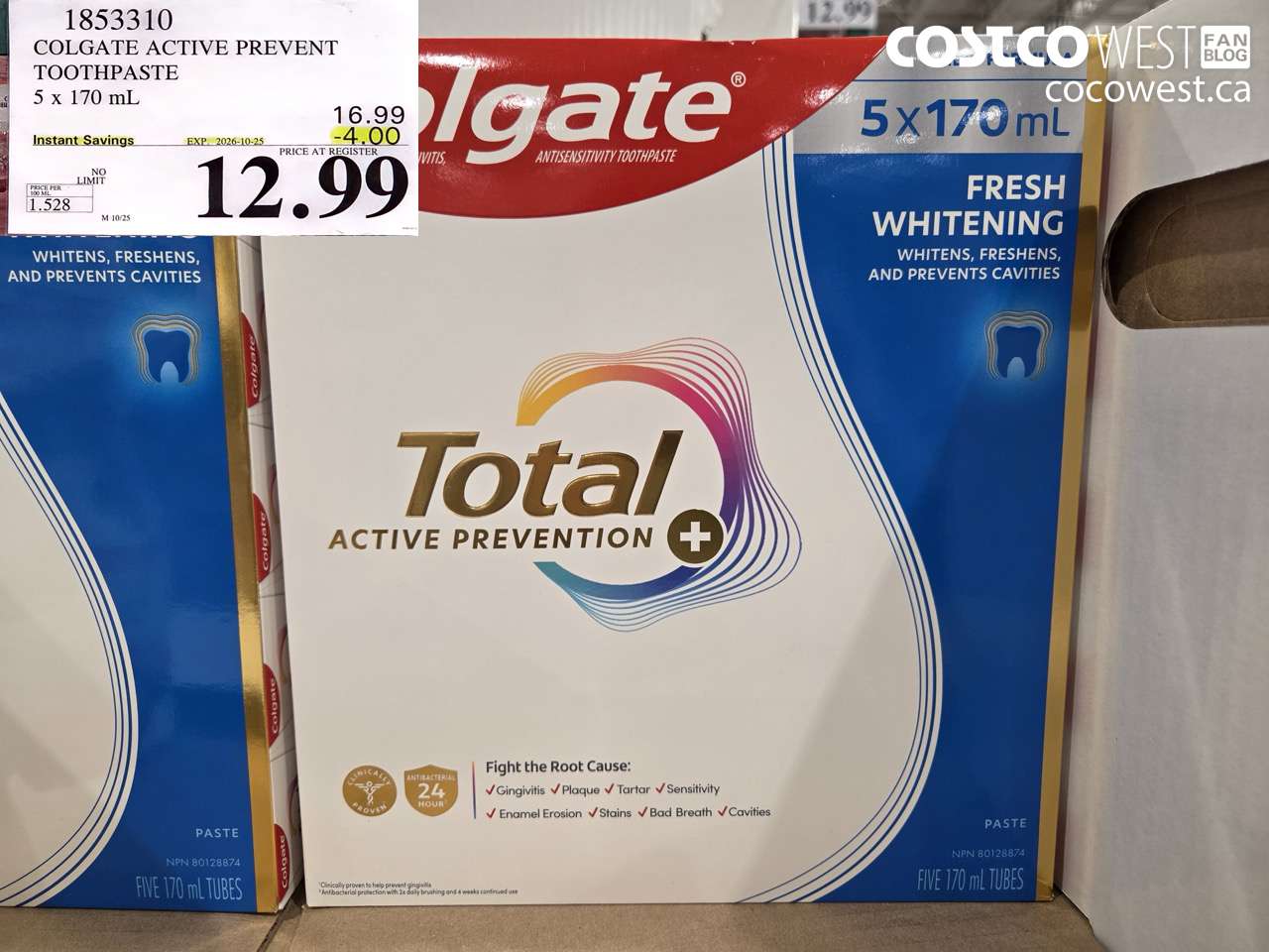 1853310 COLGATE ACTIVE PREVENT TOOTHPASTE 5 X 170 ML ($4.00 INSTANT SAVINGS EXPIRES ON 2026-10-25) $12.99