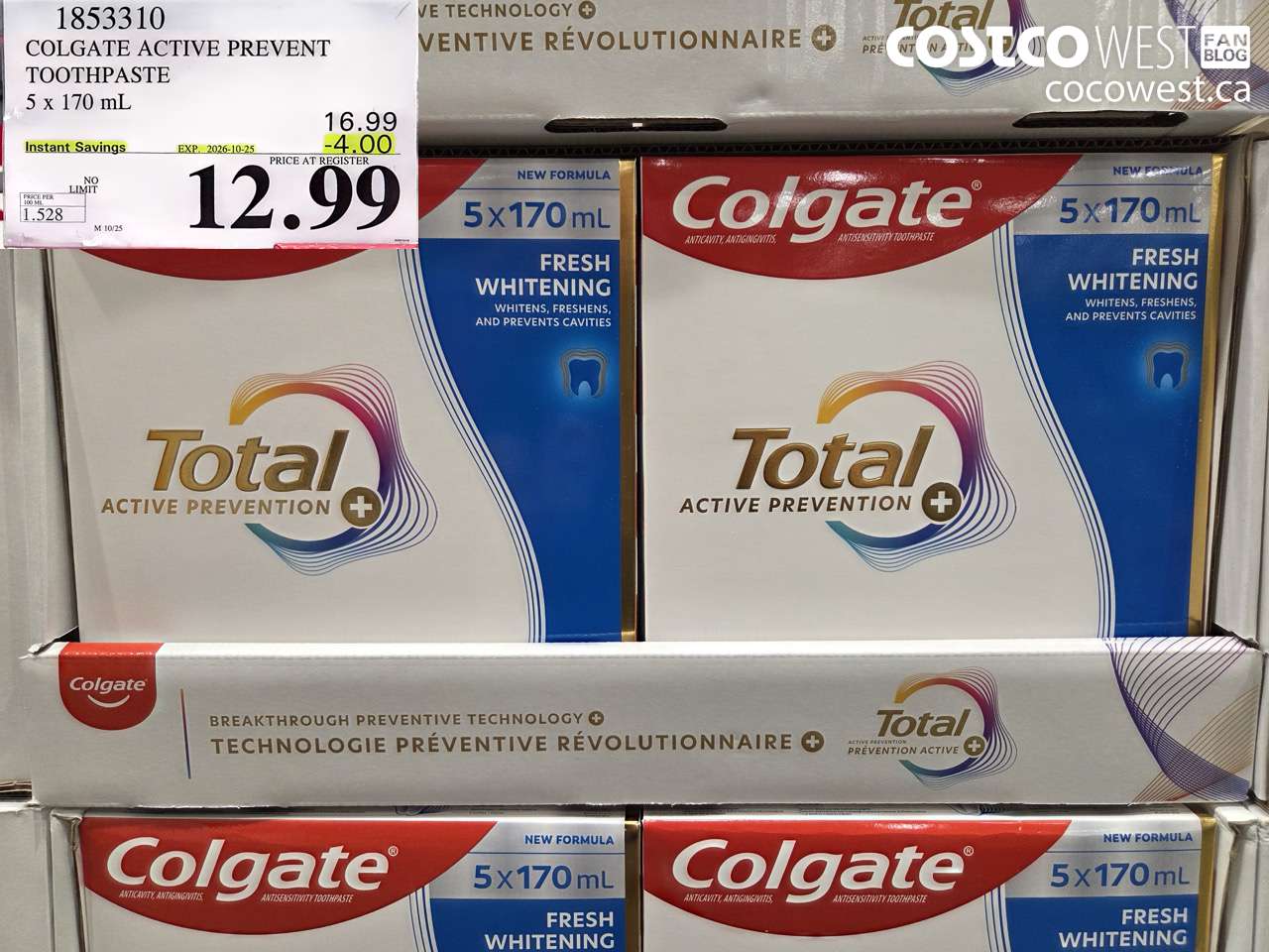 1853310 COLGATE ACTIVE PREVENT TOOTHPASTE 5 X 170 ML ($4.00 INSTANT SAVINGS EXPIRES ON 2026-10-25) $12.99