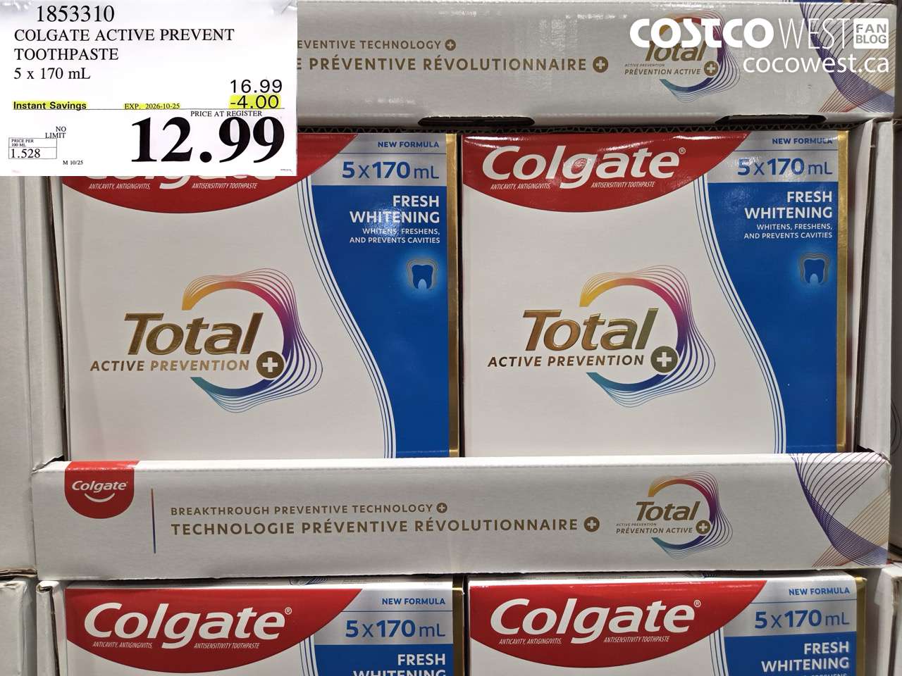 1853310 COLGATE ACTIVE PREVENT TOOTHPASTE 5 X 170 ML ($4.00 INSTANT SAVINGS EXPIRES ON 2026-10-25) $12.99