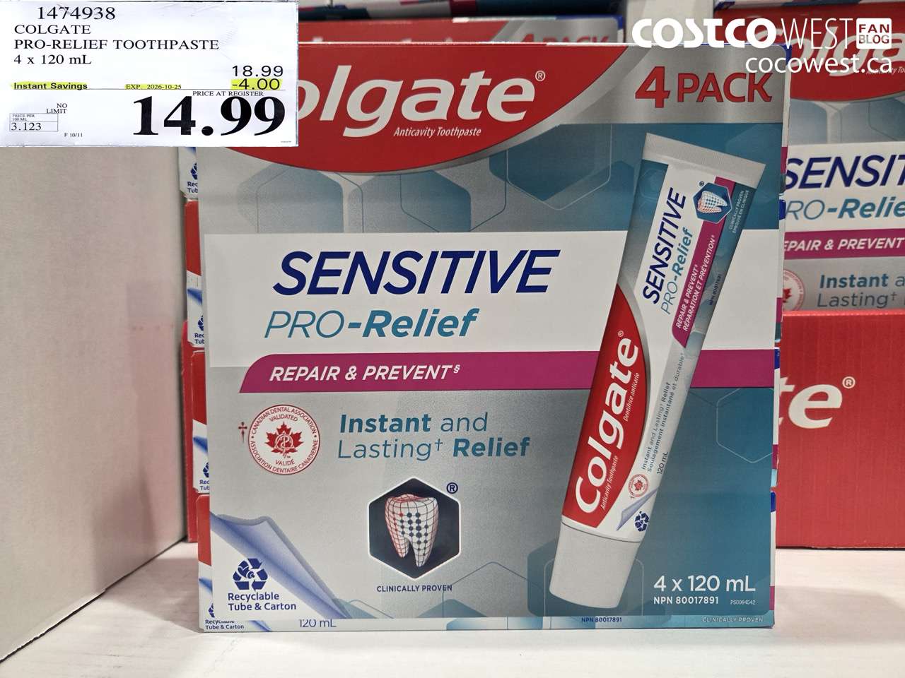1474938 COLGATE PRO-RELIEF TOOTHPASTE 4 X 120 ML ($4.00 INSTANT SAVINGS EXPIRES ON 2026-10-25) $14.99