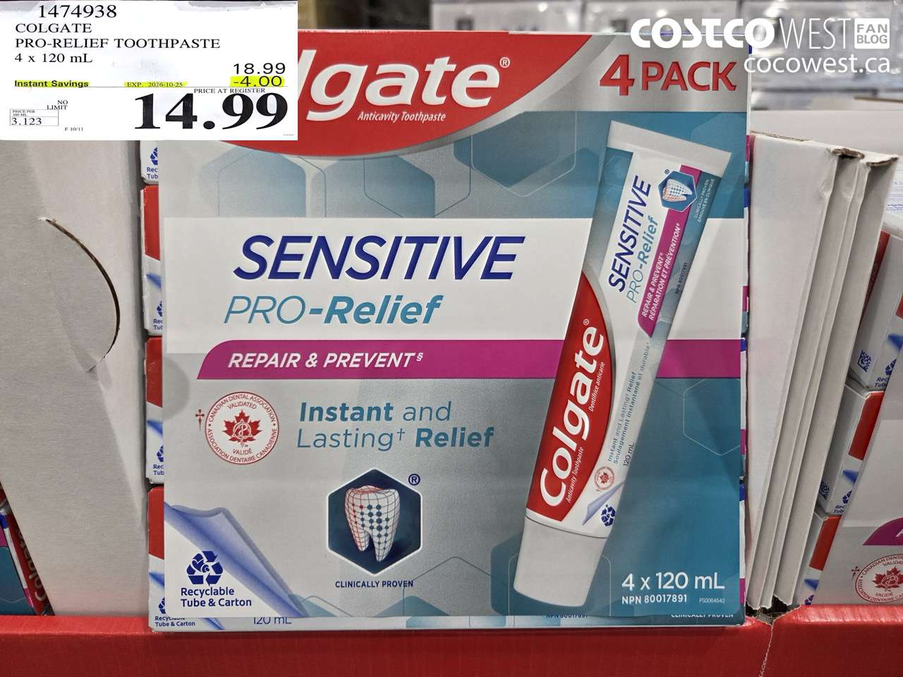 1474938 COLGATE PRO-RELIEF TOOTHPASTE 4 X 120 ML ($4.00 INSTANT SAVINGS EXPIRES ON 2026-10-25) $14.99
