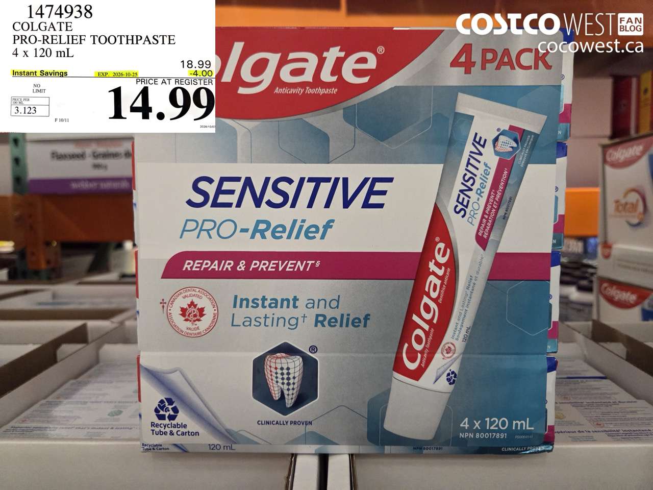 1474938 COLGATE PRO-RELIEF TOOTHPASTE 4 X 120 ML ($4.00 INSTANT SAVINGS EXPIRES ON 2026-10-25) $14.99