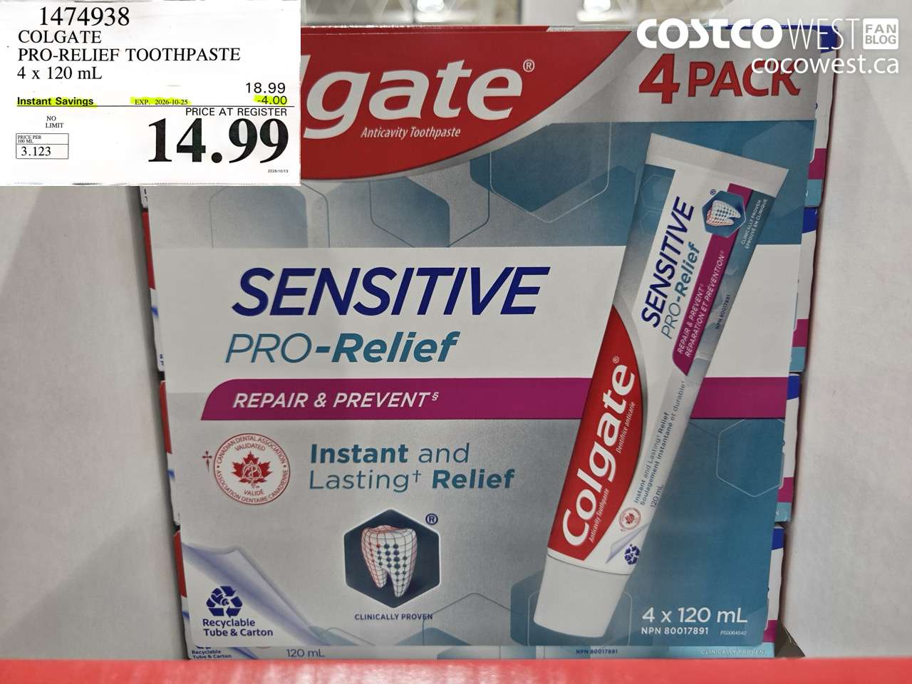 1474938 COLGATE PRO-RELIEF TOOTHPASTE 4 X 120 ML ($4.00 INSTANT SAVINGS EXPIRES ON 2026-10-25) $14.99