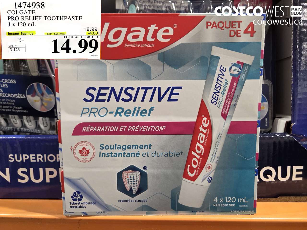 1474938 COLGATE PRO-RELIEF TOOTHPASTE 4 X 120 ML ($4.00 INSTANT SAVINGS EXPIRES ON 2026-10-25) $14.99