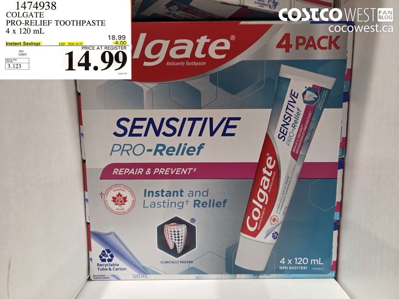 1474938 COLGATE PRO-RELIEF TOOTHPASTE 4 X 120 ML ($4.00 INSTANT SAVINGS EXPIRES ON 2026-10-25) $14.99
