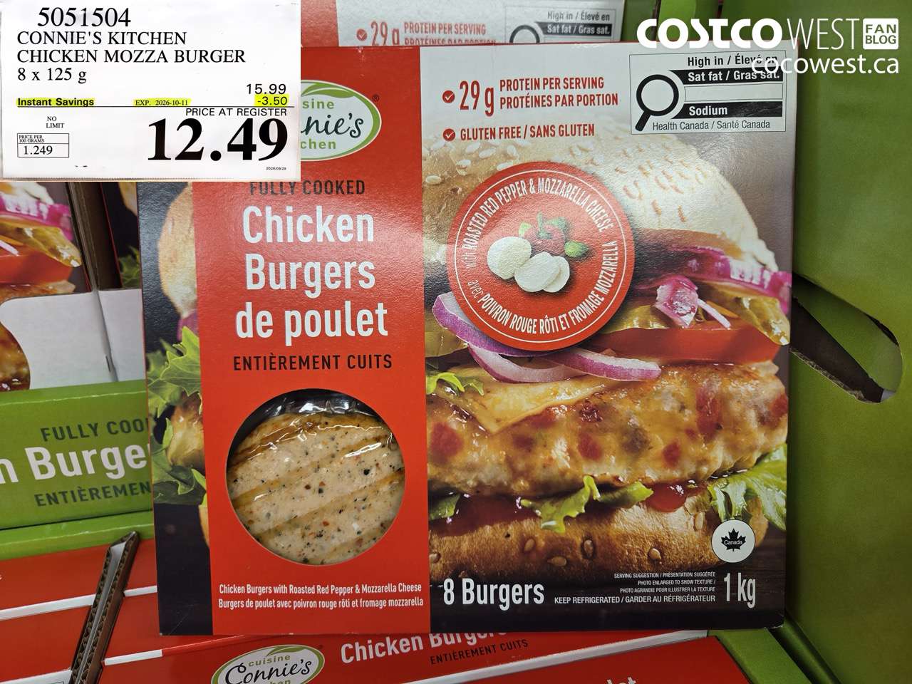 5051504 CONNIE'S KITCHEN CHICKEN MOZZA BURGER 8 X 125 G ($3.50 INSTANT SAVINGS EXPIRES ON 2026-10-11) $12.49