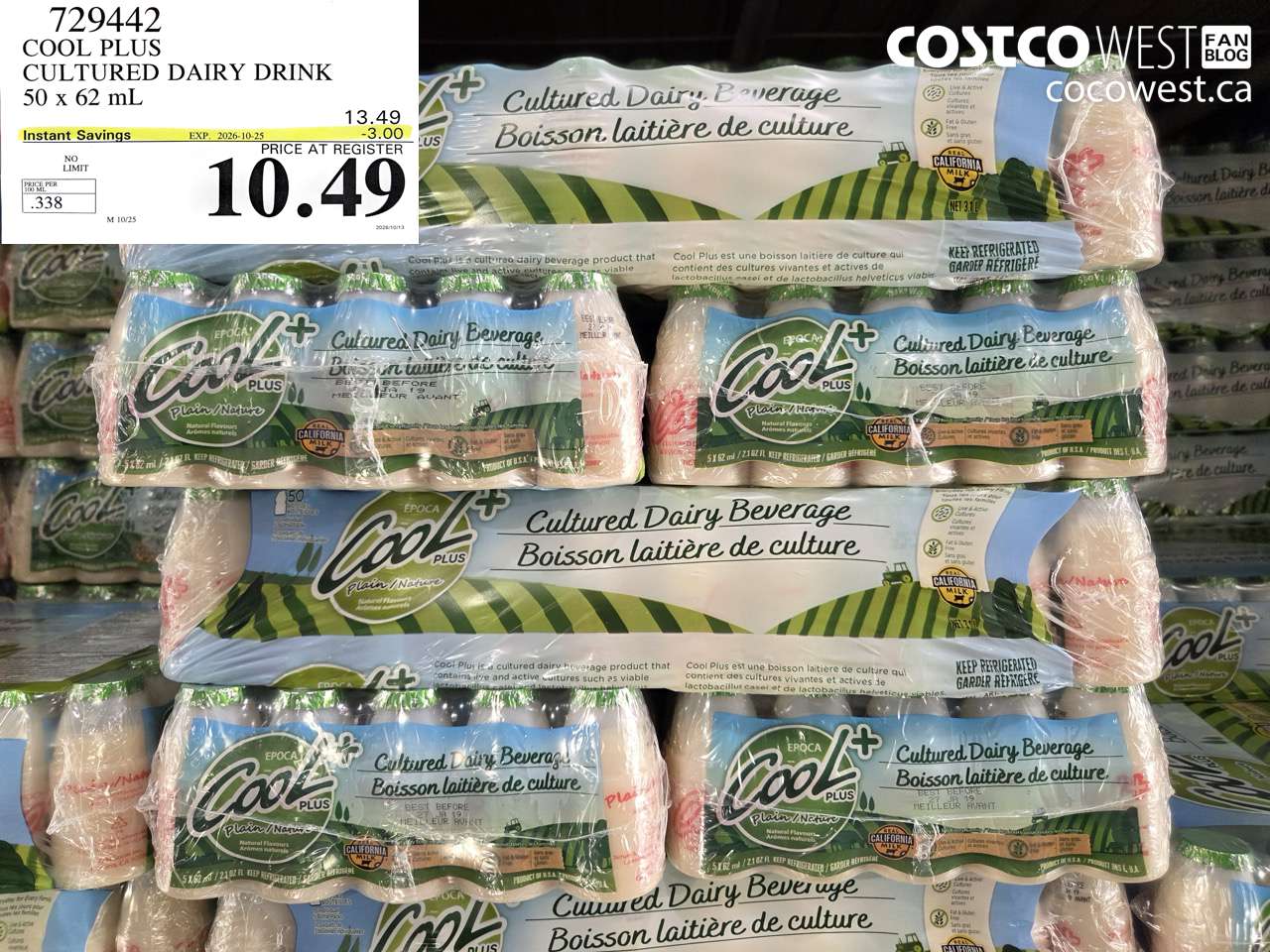 729442 COOL PLUS CULTURED DAIRY DRINK 50 X 62 ML ($3.00 INSTANT SAVINGS EXPIRES ON 2026-10-25) $10.49