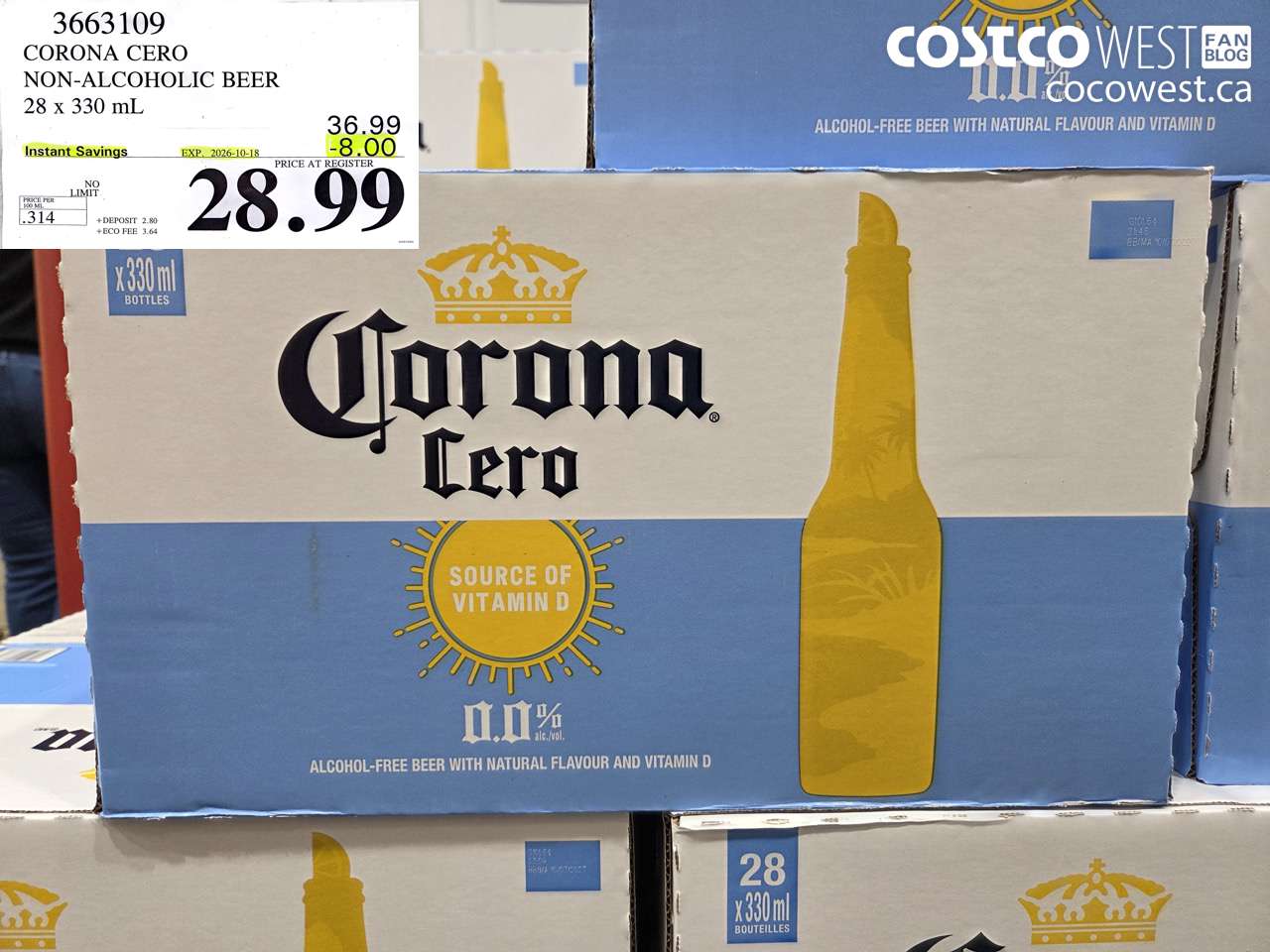 3663109 CORONA CERO NON-ALCOHOLIC BEER 28 X 330 ML ($8.00 INSTANT SAVINGS EXPIRES ON 2026-10-18) $28.99