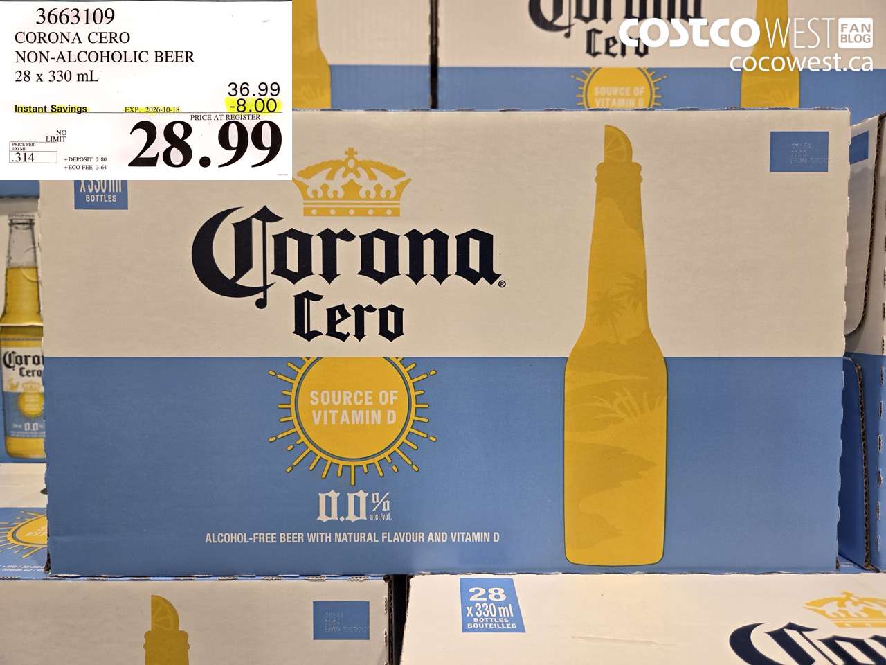 3663109 CORONA CERO NON-ALCOHOLIC BEER 28 X 330 ML ($8.00 INSTANT SAVINGS EXPIRES ON 2026-10-18) $28.99