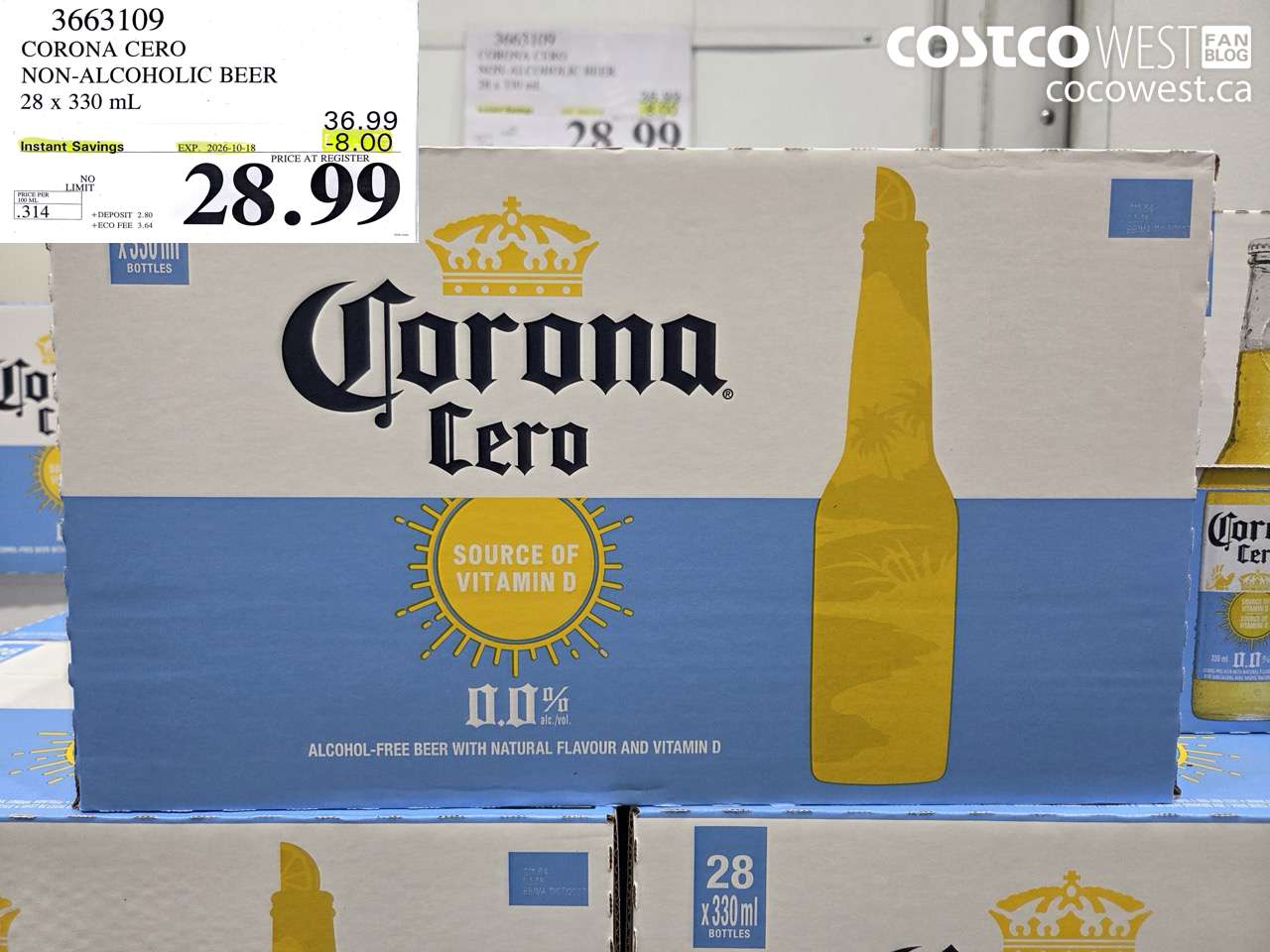 3663109 CORONA CERO NON-ALCOHOLIC BEER 28 X 330 ML ($8.00 INSTANT SAVINGS EXPIRES ON 2026-10-18) $28.99