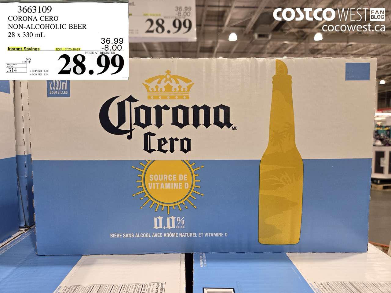 3663109 CORONA CERO NON-ALCOHOLIC BEER 28 X 330 ML ($8.00 INSTANT SAVINGS EXPIRES ON 2026-10-18) $28.99