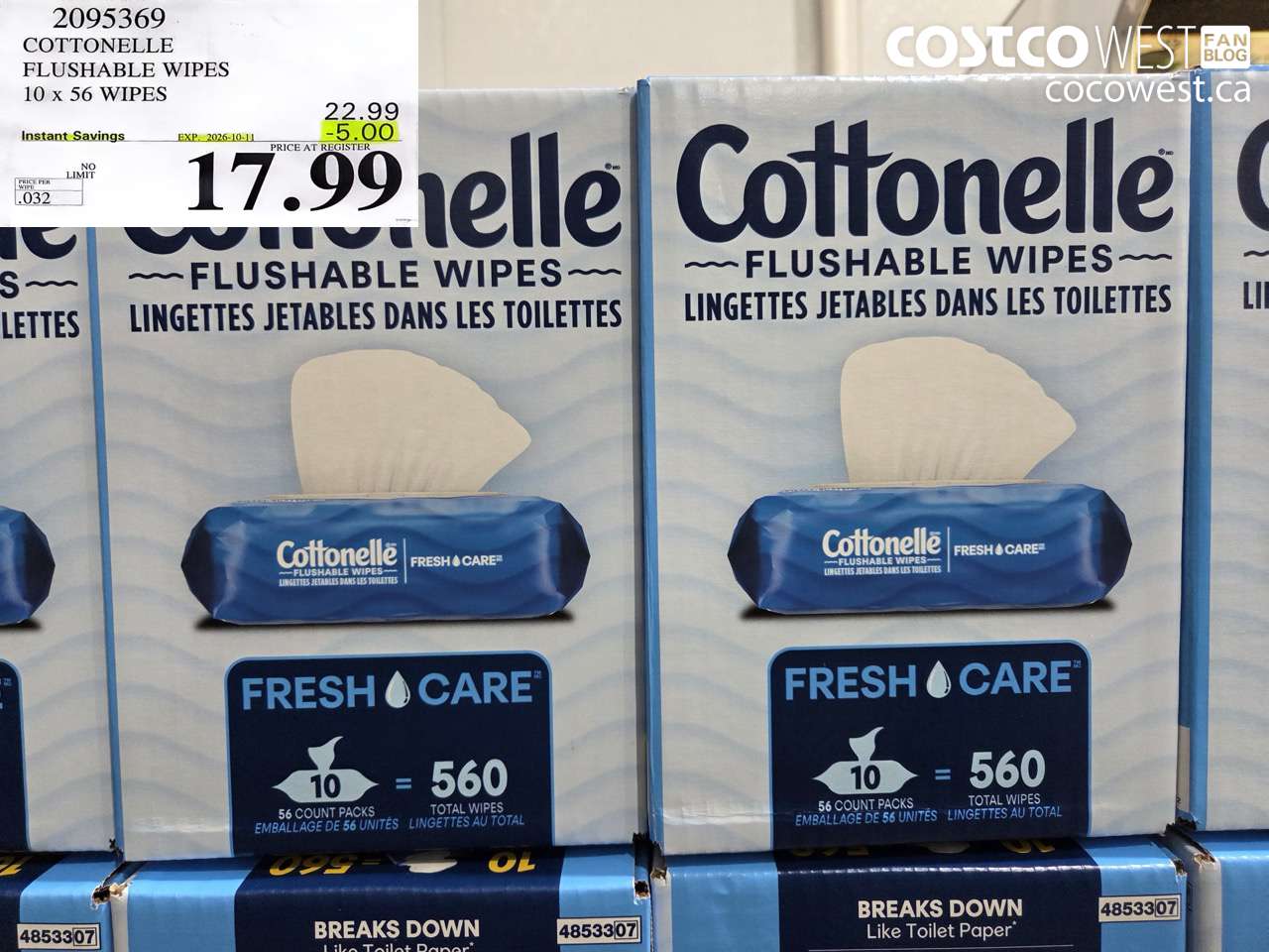 2095369 COTTONELLE FLUSHABLE WIPES 10 X 56 WIPES ($5.00 INSTANT SAVINGS EXPIRES ON 2026-10-11) $17.99