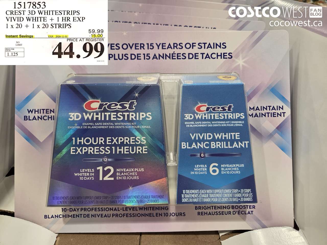 1517853 CREST 3D WHITESTRIPS VIVID WHITE + 1 HR EXP 1 X 20 + 1 X 20 STRIPS ($15.00 INSTANT SAVINGS EXPIRES ON 2026-11-01) $44.99