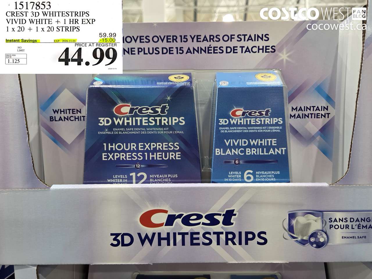1517853 CREST 3D WHITESTRIPS VIVID WHITE + 1 HR EXP 1 X 20 + 1 X 20 STRIPS ($15.00 INSTANT SAVINGS EXPIRES ON 2026-11-01) $44.99