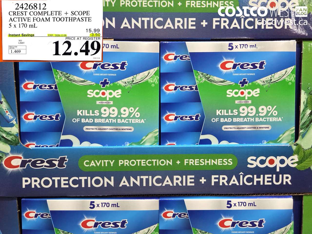 2426812 CREST COMPLETE + SCOPE ACTIVE FOAM TOOTHPASTE 5 X 170 ML ($3.50 INSTANT SAVINGS EXPIRES ON 2026-11-08) $12.49