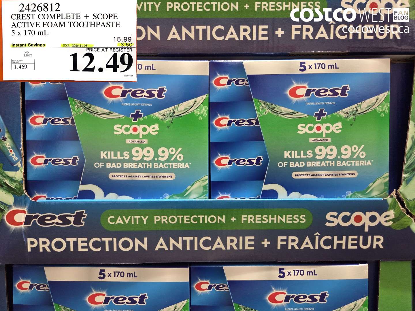 2426812 CREST COMPLETE + SCOPE ACTIVE FOAM TOOTHPASTE 5 X 170 ML ($3.50 INSTANT SAVINGS EXPIRES ON 2026-11-08) $12.49