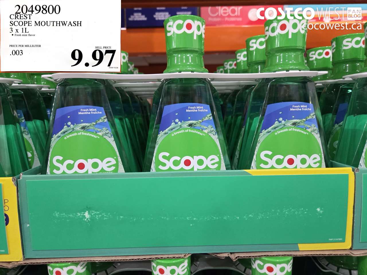2049800 CREST SCOPE MOUTHWASH 3 X 1L $9.97