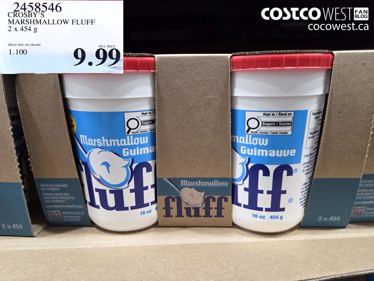 2458546 CROSBY'S MARSHMALLOW FLUFF 2 X 454 G $9.99