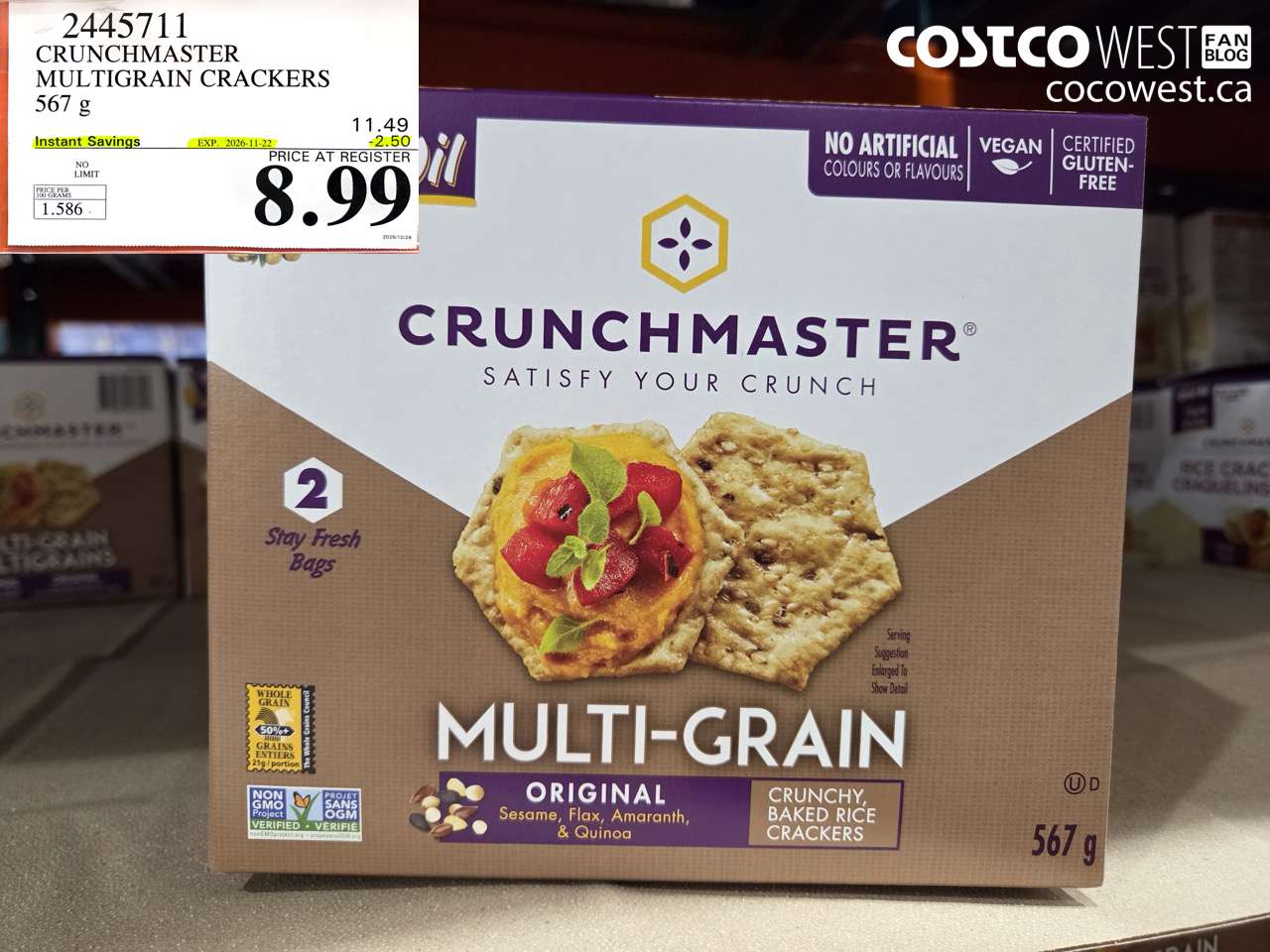 2445711 CRUNCHMASTER MULTIGRAIN CRACKERS 567 G ($2.50 INSTANT SAVINGS EXPIRES ON 2026-11-22) $8.99