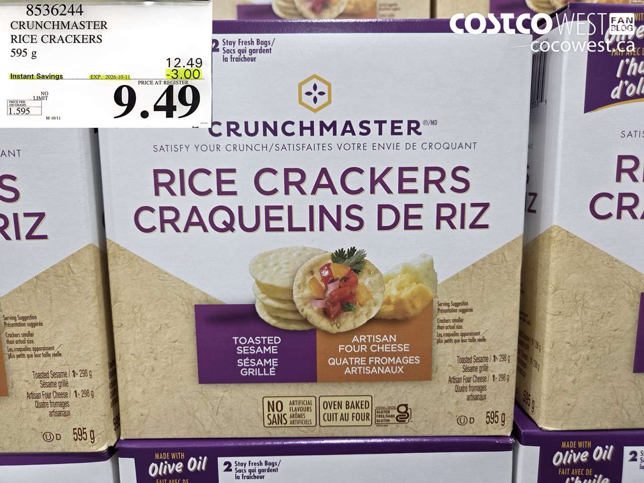 8536244 CRUNCHMASTER RICE CRACKERS 595 G ($3.00 INSTANT SAVINGS EXPIRES ON 2026-10-11) $9.49