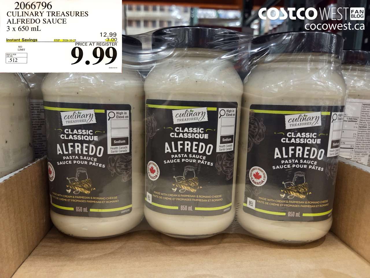 2066796 CULINARY TREASURES ALFREDO SAUCE 3 X 650 ML ($3.00 INSTANT SAVINGS EXPIRES ON 2026-10-25) $9.99